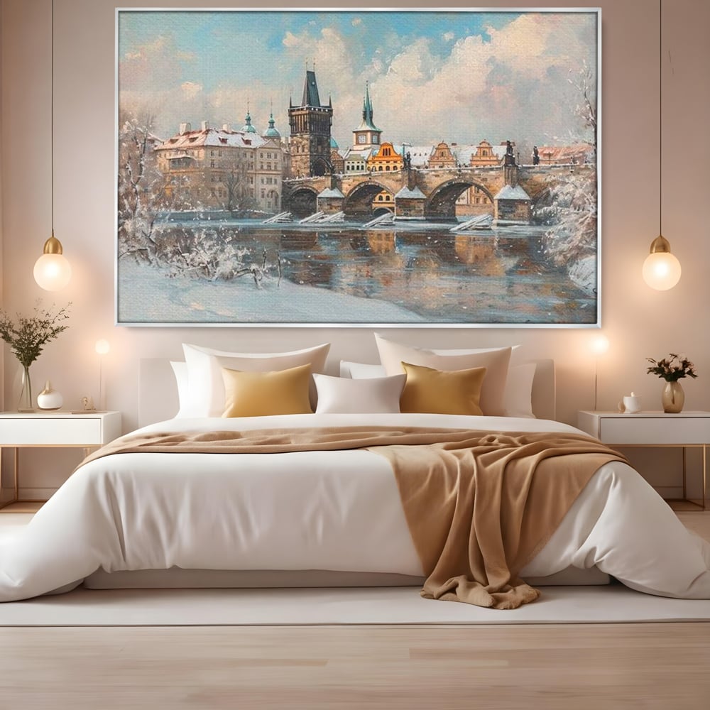 Tablou canvas cu pictura cu podul carol din praga iarna, in rama de aluminiu argintiu, pe perete intr-un dormitor